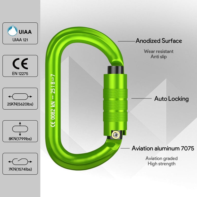 FVW CE Certified Auto Locking Climbing Carabiners, Professional 25KN (5620 lbs) Heavy Duty Caribeaners for Rappelling Swing Rescue & Gym etc, Large D-Shaped Carabiners - Image 5